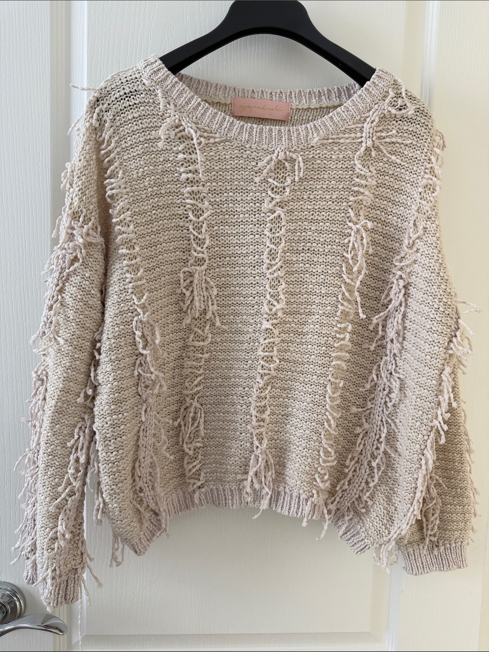 Textured Fringe Crewneck Sweater - Cream